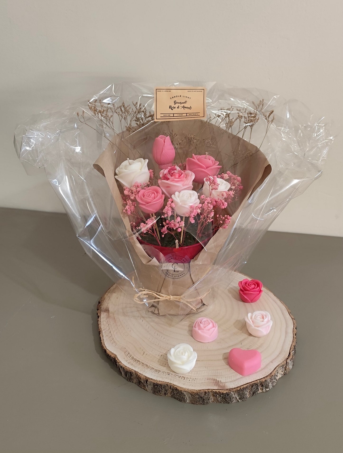 Bouquet bougies et fondants 7 roses Rose d'Amour