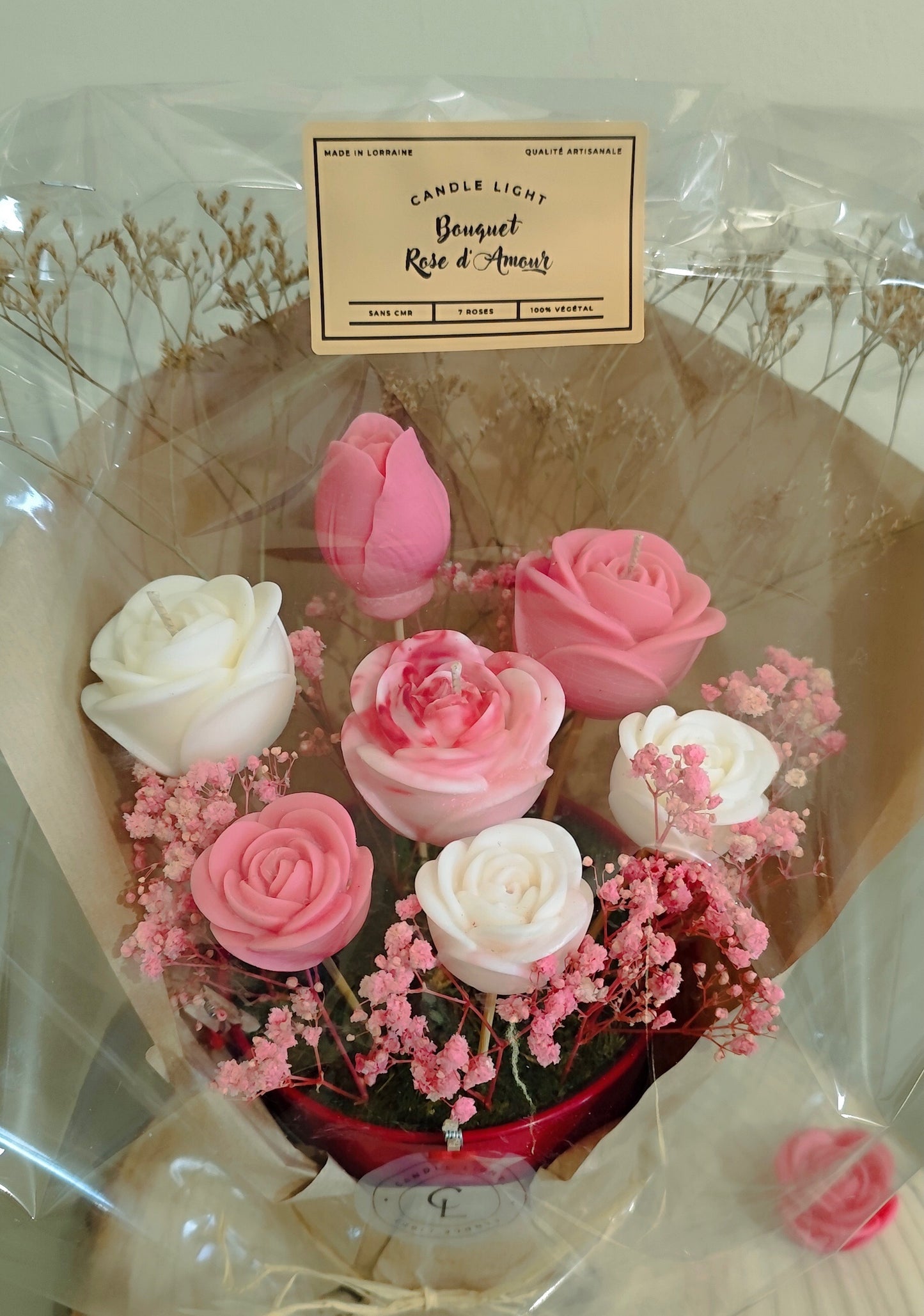 Bouquet bougies et fondants 7 roses Rose d'Amour