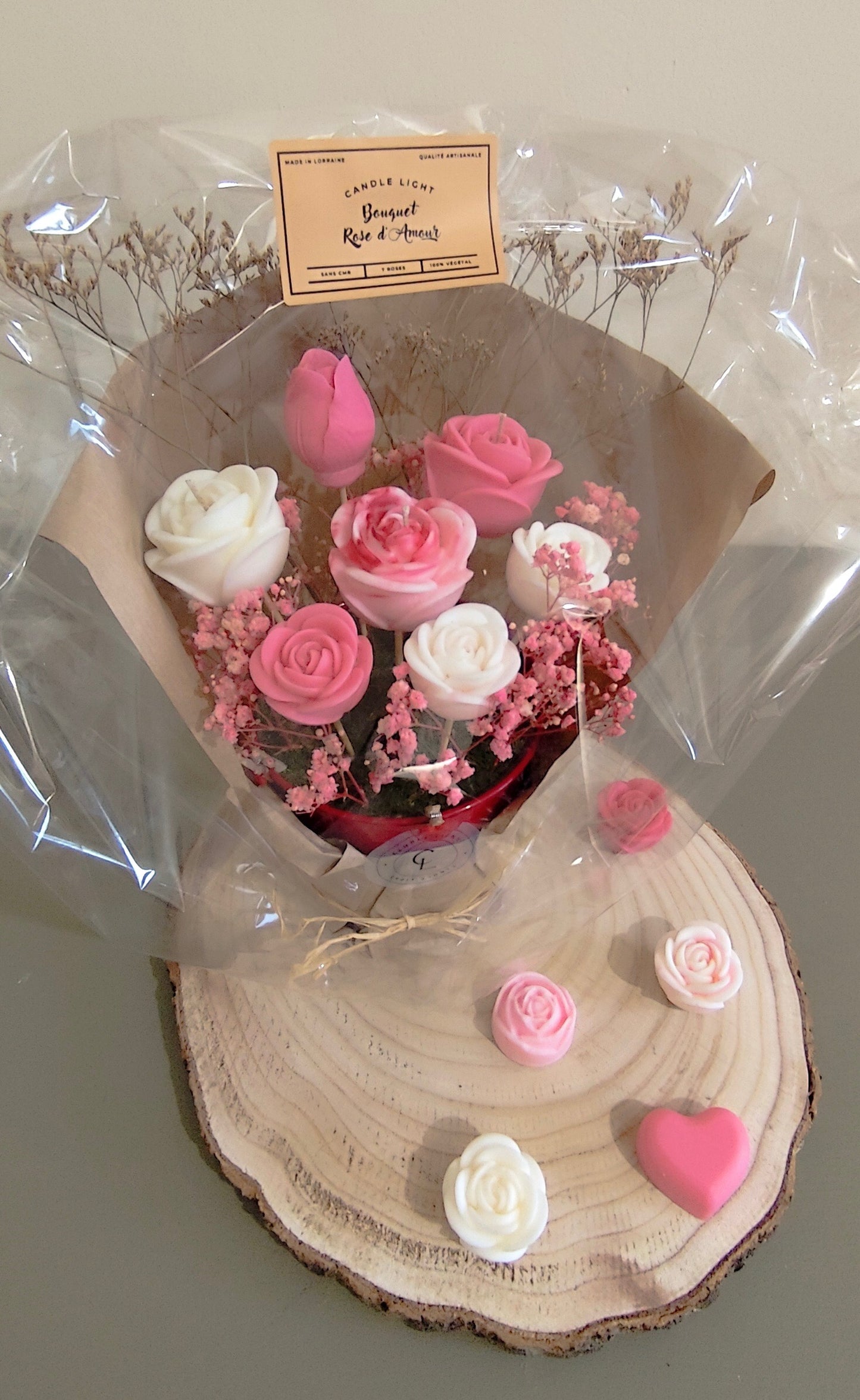 Bouquet bougies et fondants 7 roses Rose d'Amour